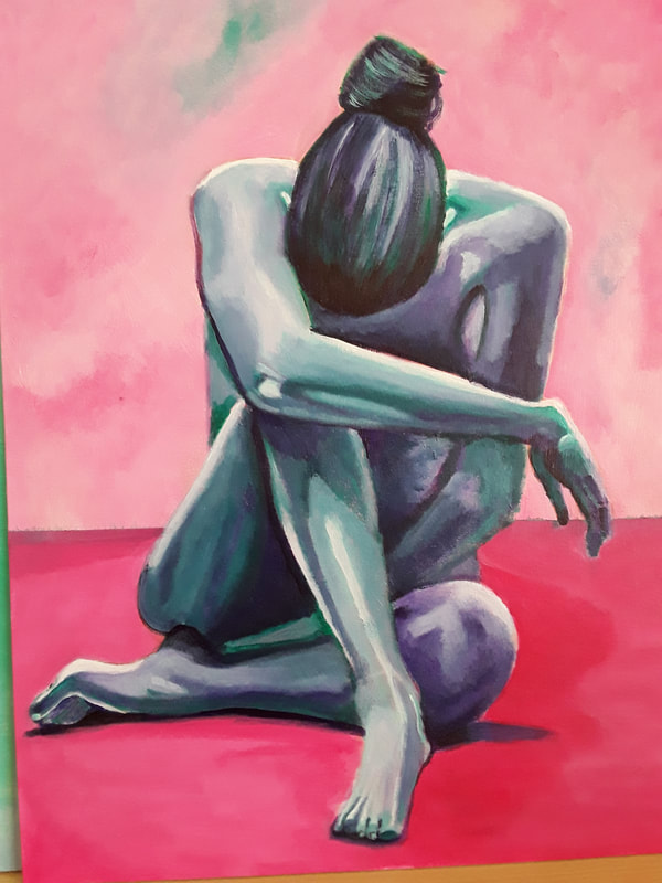 Painting of nude person sitting on floor in discrete pose